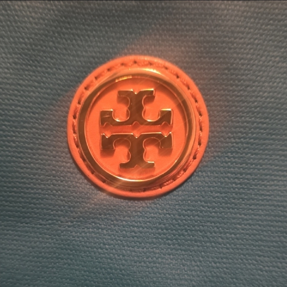 TORY BURCH Jaden Blue Brown Canvas Leather Tote Bag EUC! $250 - Picture 2 of 8